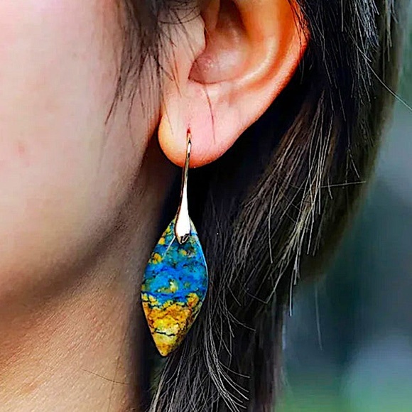 Blue and Brownn Jasper Leaf Earrings Dangle Natural Stone Drop Gift Silver - Picture 2 of 2